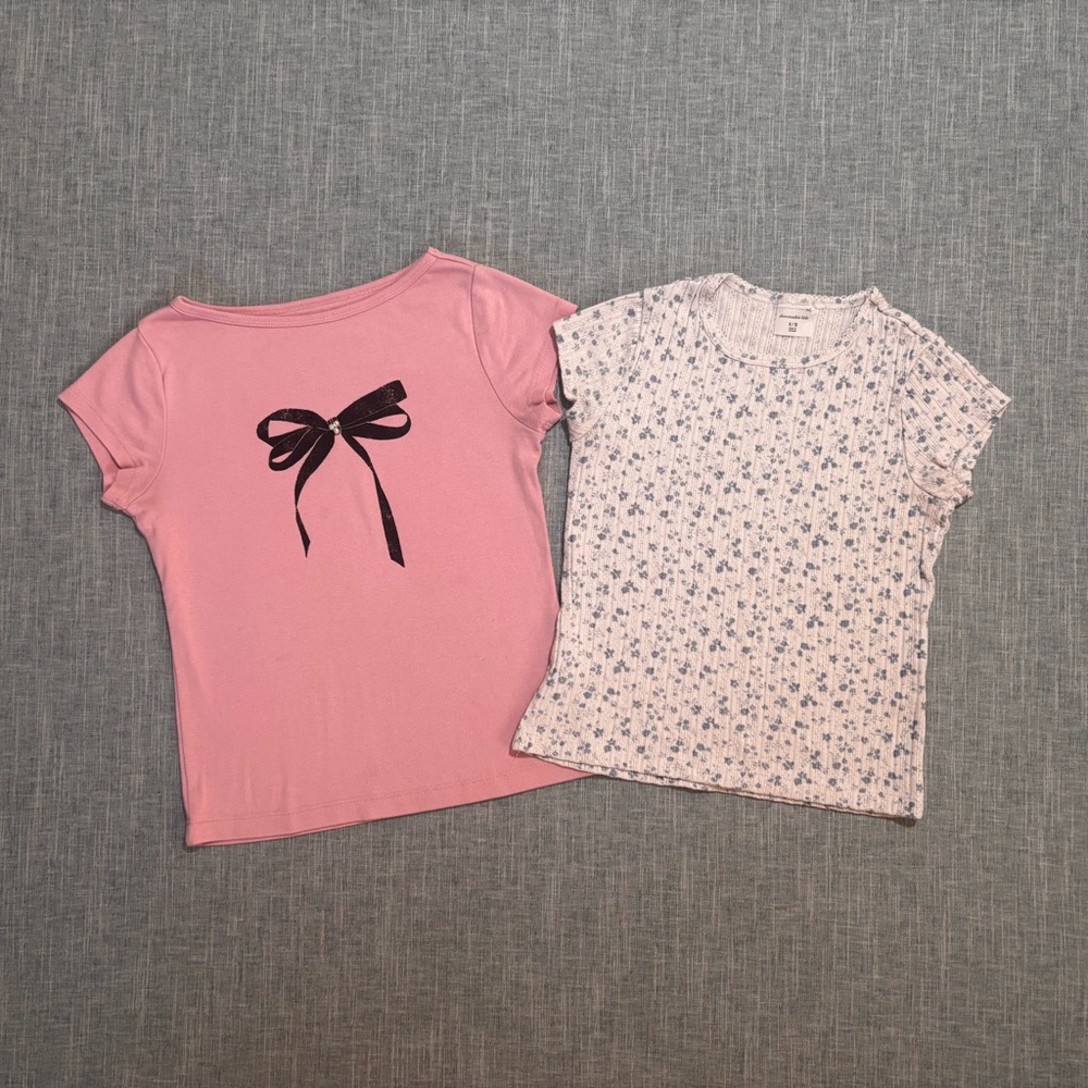 abercrombie kids lot pink bow tee white floral short sleeved top girls 9/10